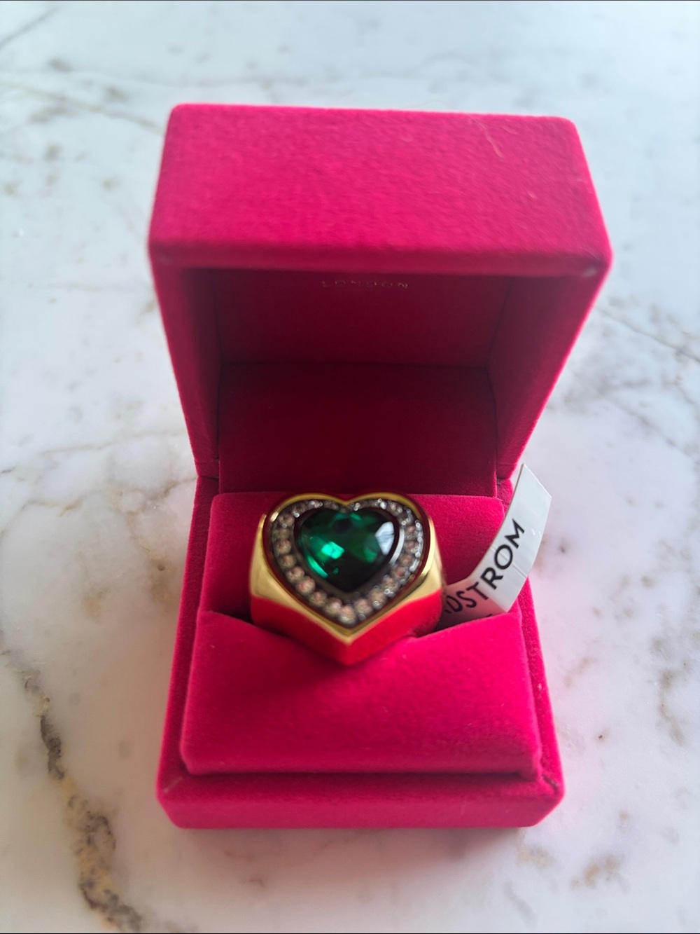 Kurt Geiger Gold Heart Ring with Emerald Green Crystal and Pavé Accents